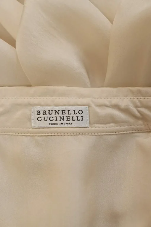 Ivory silk spread collar button-front blouse with chest patch pocket appliqué