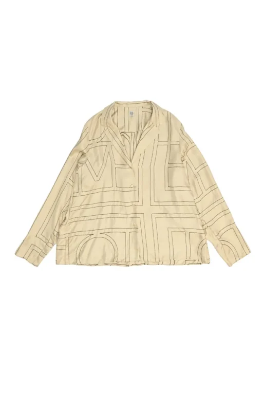 Ivory silk twill Sanville monogram button-front shirt with notch collar