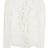 Ivory silk-blend jersey ruffle knit jabot blouse with flounce cuffs
