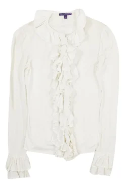 Ivory silk-blend jersey ruffle knit jabot blouse with flounce cuffs