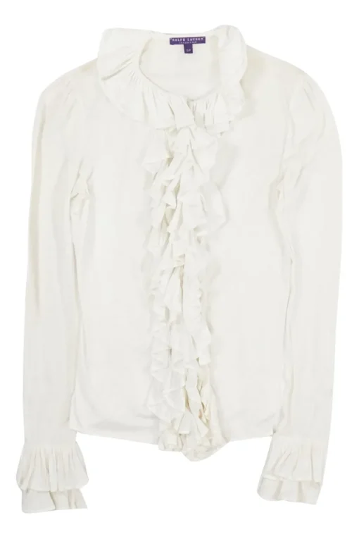Ivory silk-blend jersey ruffle knit jabot blouse with flounce cuffs