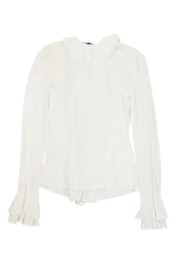 Ivory silk-blend jersey ruffle knit jabot blouse with flounce cuffs