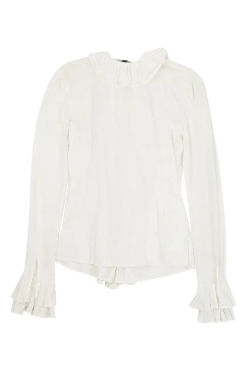Ivory silk-blend jersey ruffle knit jabot blouse with flounce cuffs
