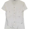 Ivory silk-blend satin scoop neck button-front short sleeve blouse with Coco Mark shank buttons