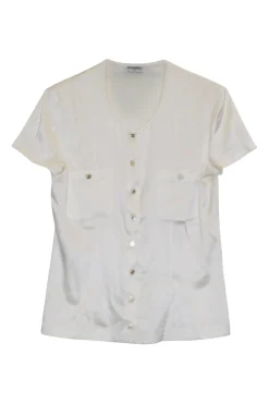 Ivory silk-blend satin scoop neck button-front short sleeve blouse with Coco Mark shank buttons