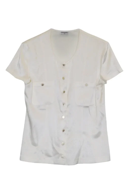 Ivory silk-blend satin scoop neck button-front short sleeve blouse with Coco Mark shank buttons