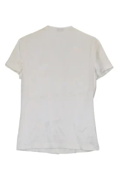 Ivory silk-blend satin scoop neck button-front short sleeve blouse with Coco Mark shank buttons