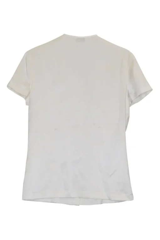 Ivory silk-blend satin scoop neck button-front short sleeve blouse with Coco Mark shank buttons