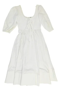 Ivory smocked cotton chemise à la reine scoop neck midi dress with puff half sleeves and lace-up front