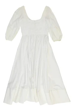 Ivory smocked cotton chemise à la reine scoop neck midi dress with puff half sleeves and lace-up front