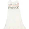 Ivory smocked pima cotton A-line knee-length bustier dress featuring calligraphic broderie motif