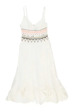 Ivory smocked pima cotton A-line knee-length bustier dress featuring calligraphic broderie motif