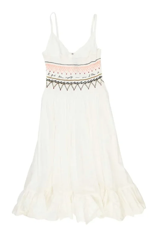 Ivory smocked pima cotton A-line knee-length bustier dress featuring calligraphic broderie motif