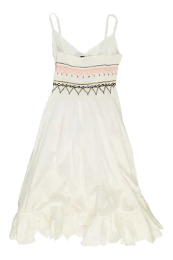 Ivory smocked pima cotton A-line knee-length bustier dress featuring calligraphic broderie motif