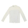 Ivory striped cotton poplin mixed-media high-collar blouse with lace inserts