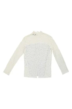Ivory striped cotton poplin mixed-media high-collar blouse with lace inserts