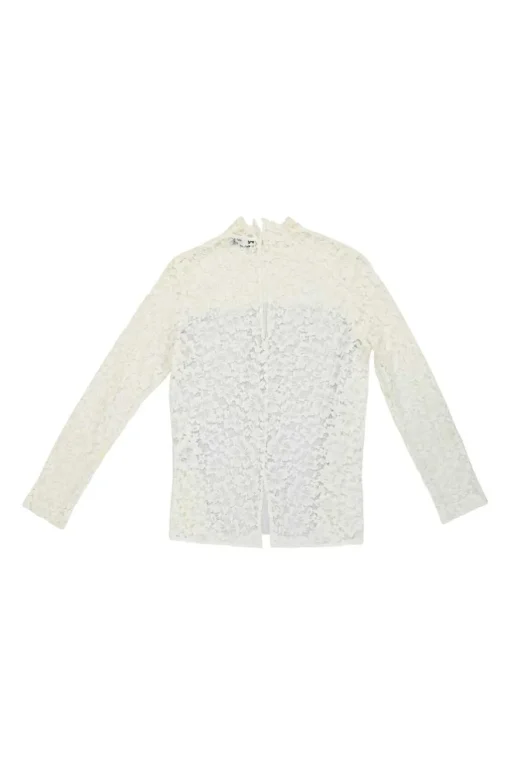 Ivory striped cotton poplin mixed-media high-collar blouse with lace inserts