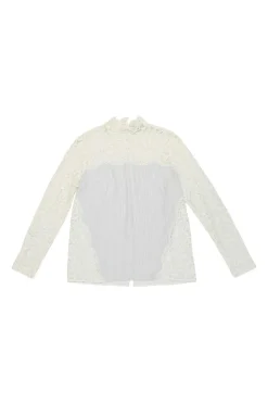 Ivory striped cotton poplin mixed-media high-collar blouse with lace inserts