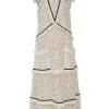 Ivory tiered cotton-blend floral lace illusion midi dress with ruffled collar, flutter sleeves, and contrast binding details