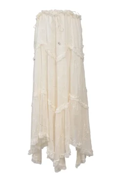 Ivory tiered floral eyelet silk handkerchief maxi skirt with drawstring waist