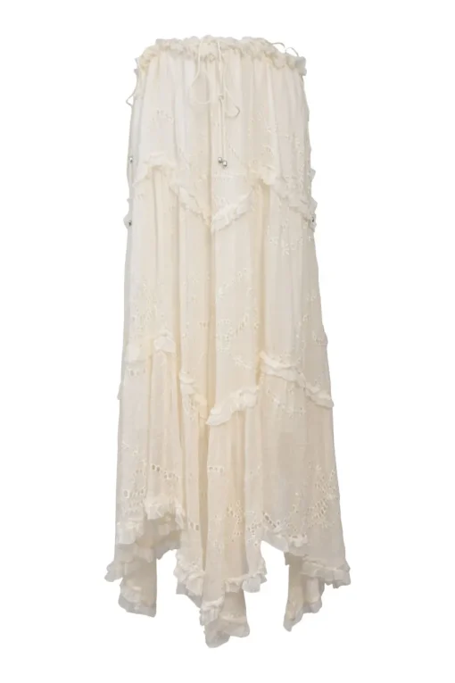 Ivory tiered floral eyelet silk handkerchief maxi skirt with drawstring waist
