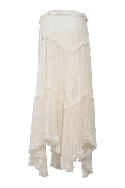 Ivory tiered floral eyelet silk handkerchief maxi skirt with drawstring waist