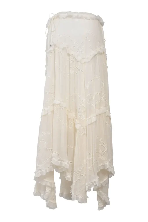 Ivory tiered floral eyelet silk handkerchief maxi skirt with drawstring waist