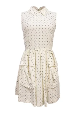 Ivory viscose Dobby floral print collared sleeveless A-line dress with cargo hip patch pockets