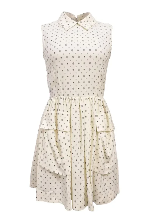 Ivory viscose Dobby floral print collared sleeveless A-line dress with cargo hip patch pockets