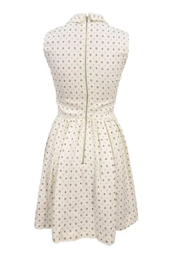 Ivory viscose Dobby floral print collared sleeveless A-line dress with cargo hip patch pockets