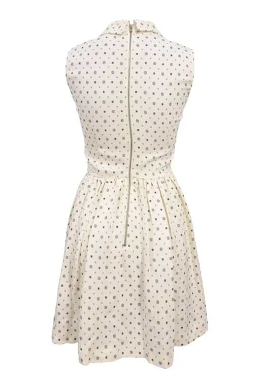 Ivory viscose Dobby floral print collared sleeveless A-line dress with cargo hip patch pockets