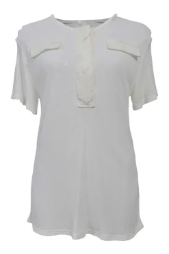 Ivory viscose Raschel rib knit half-zip henley tee