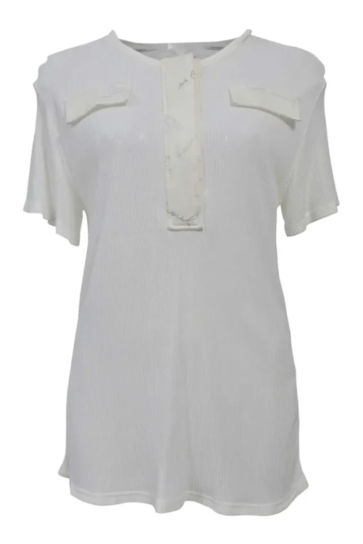 Ivory viscose Raschel rib knit half-zip henley tee
