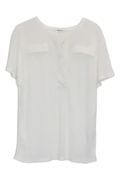 Ivory viscose rib pullover half-button crewneck henley top with chest flap pockets featuring logo broderie