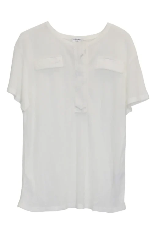 Ivory viscose rib pullover half-button crewneck henley top with chest flap pockets featuring logo broderie