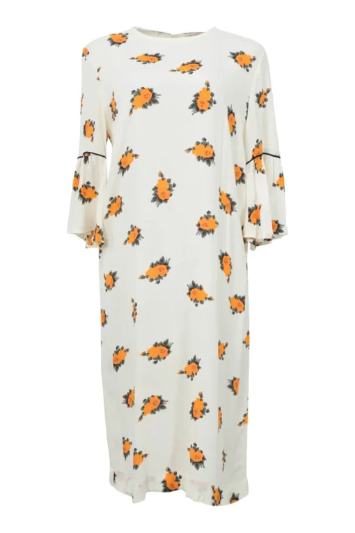 Ivory viscose Roseburg crêpe shift sack dress with trumpet sleeves