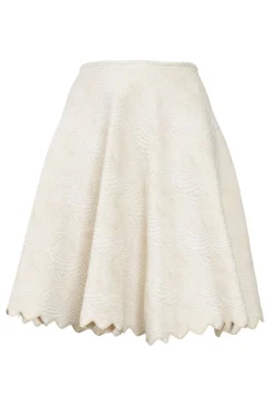 Ivory viscose-blend metallic 3D knit pull-on A-line mini skirt with scalloped hem