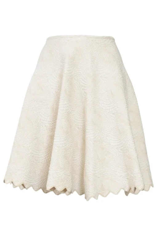 Ivory viscose-blend metallic 3D knit pull-on A-line mini skirt with scalloped hem