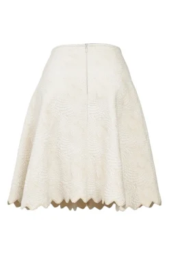 Ivory viscose-blend metallic 3D knit pull-on A-line mini skirt with scalloped hem