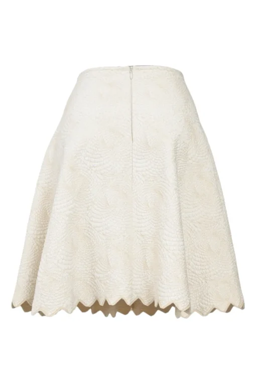 Ivory viscose-blend metallic 3D knit pull-on A-line mini skirt with scalloped hem