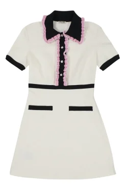 Ivory viscose-blend mini A-line knit polo dress with contrast ruffled rib trim in black and pink