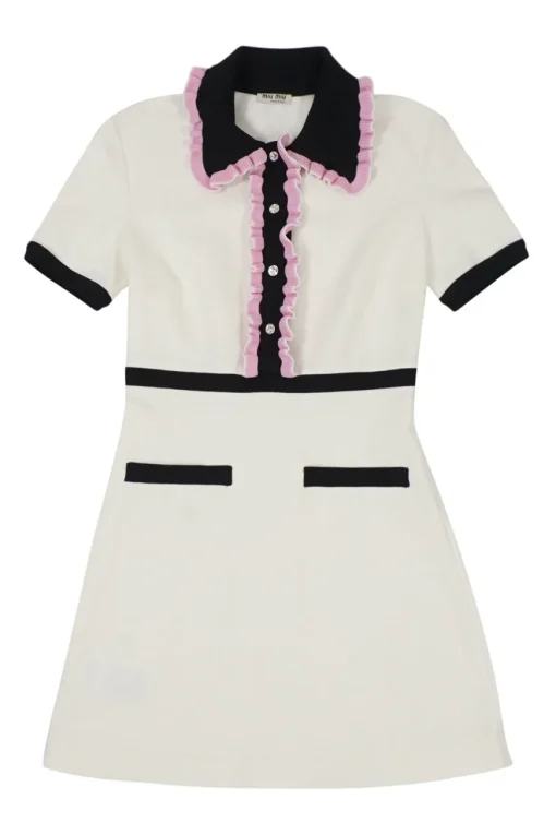 Ivory viscose-blend mini A-line knit polo dress with contrast ruffled rib trim in black and pink