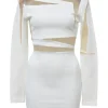 Ivory viscose-blend mock neck peek-a-boo long sleeve mini sheath dress featuring neutral-toned tulle mesh inserts