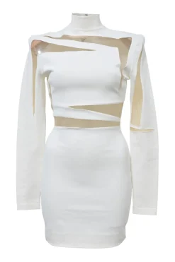 Ivory viscose-blend mock neck peek-a-boo long sleeve mini sheath dress featuring neutral-toned tulle mesh inserts