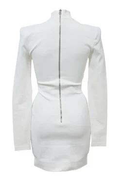 Ivory viscose-blend mock neck peek-a-boo long sleeve mini sheath dress featuring neutral-toned tulle mesh inserts