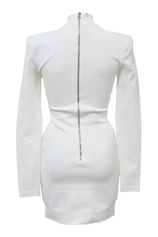 Ivory viscose-blend mock neck peek-a-boo long sleeve mini sheath dress featuring neutral-toned tulle mesh inserts