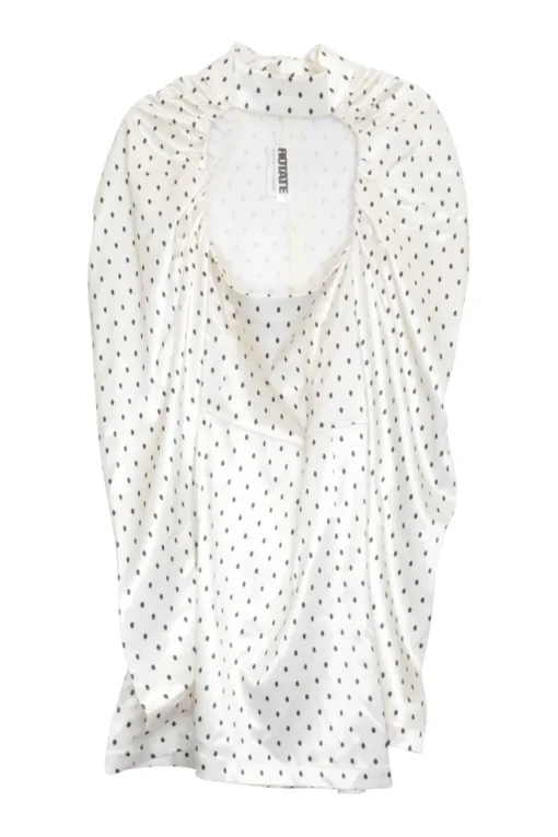 Ivory viscose-blend satin polka dot print pullover Kaya mock neck cut out mini Juliette sleeve cocktail dress