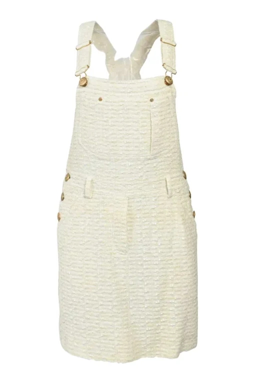 Ivory wool-blend metallic bouclé tweed pinafore mini dress with criss-cross back
