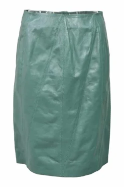 Jade bias-cut paneled nappa leather knee-length pencil skirt