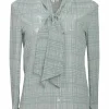 Jade polyester check pussy-bow button-front blouse